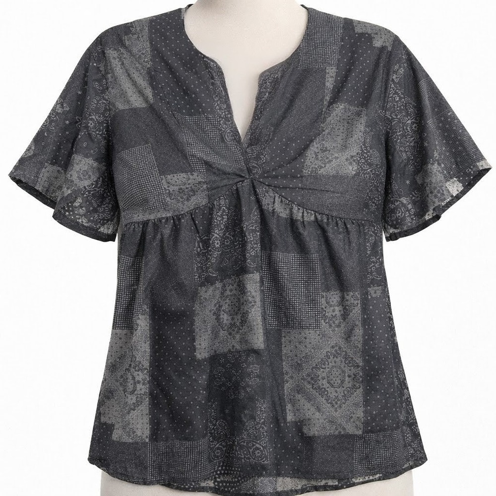 James Perse Y2K Patchwork Babydoll Top Size S Black Gray Short Sleeve Grunge